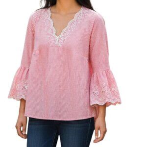 RAFAELLA Pink White Striped V Neck Embroidered 3/4 Sleeves Pull On Top -Size Med